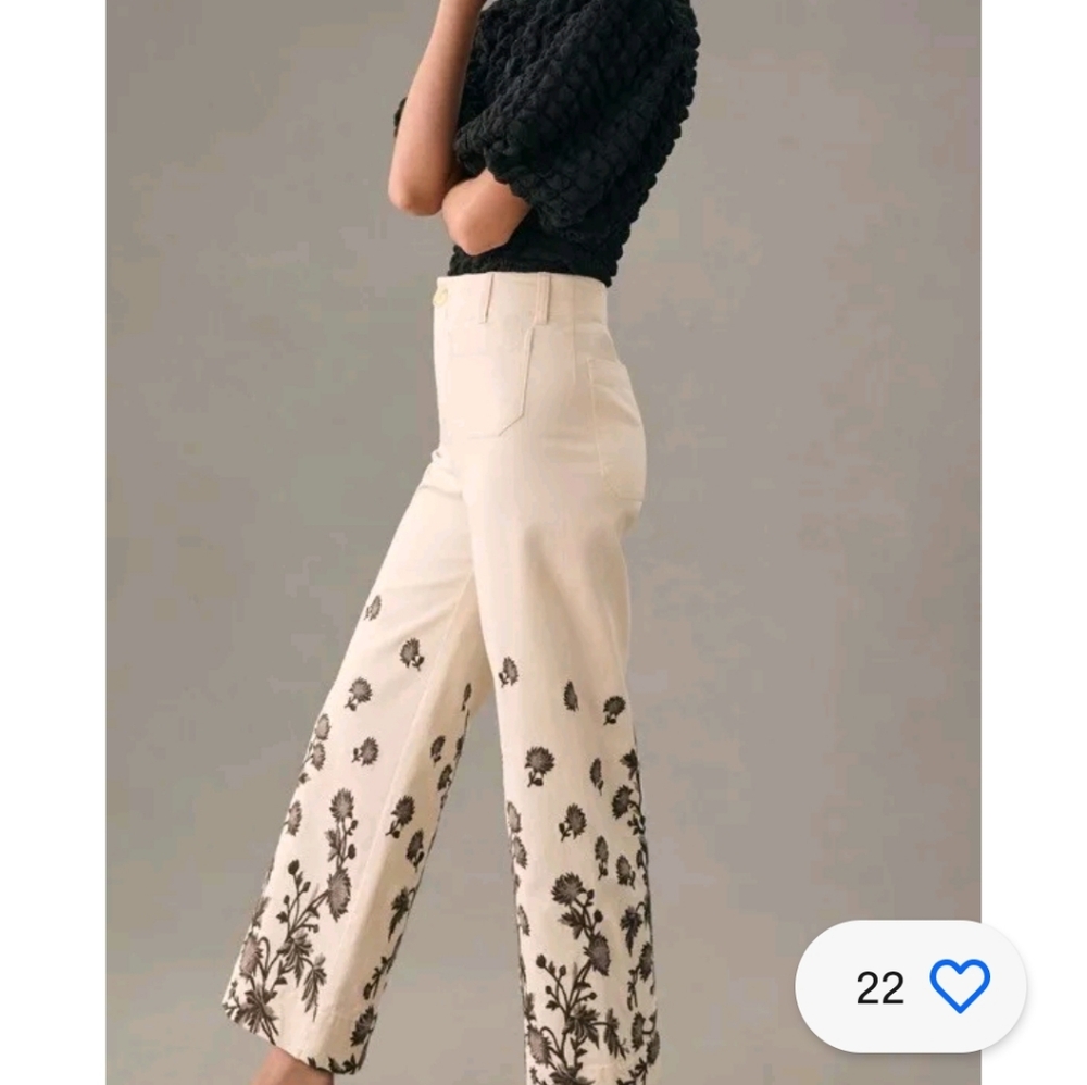 Anthropologie Cream Ankle Jeans with Black Floral Embroidery - Picture 3 of 8
